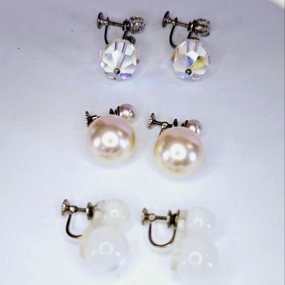 Vintage 40s-60s Screw Back Lucite Soap Bubble Faux Pearl Crystal Dangle Earrings - Picture 1 of 10